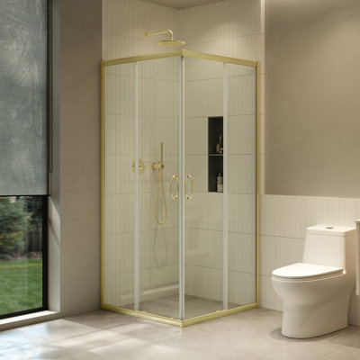 Porte de coin carrée transparente en or brossé 34 po x 34 po x 72,83 po Breeze