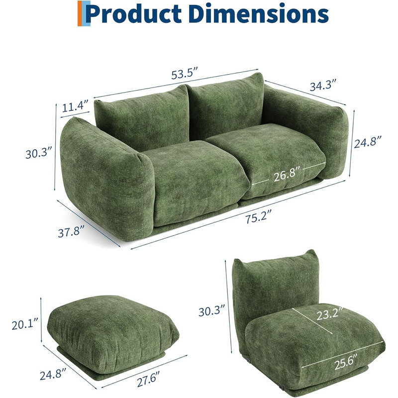 Canapé modulaire en U de Boneless de 126 po, canapé en chenille avec siège profond pour grand salon, Vert