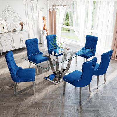 70.08" Rectangular Glass Dining Table With Modern Curved Stainless Steel Base And Velvet Upholstered Nailhead Chairs