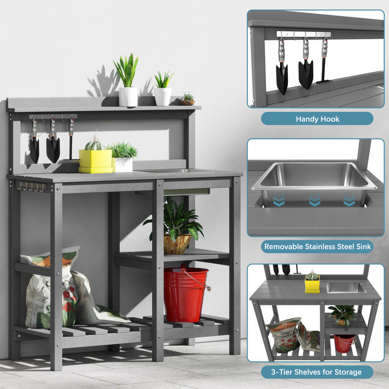 Potting Bench Outdoor Potting Table With Sink, Hdpe Potting Benches For Outside Gardening Table All Weather Use- Grey, Grey