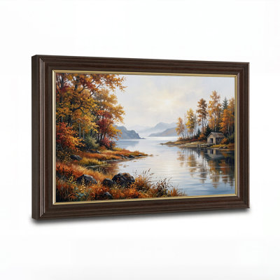 Tableau sur toile représentant des arbres d'automne, un lac et des montagnes