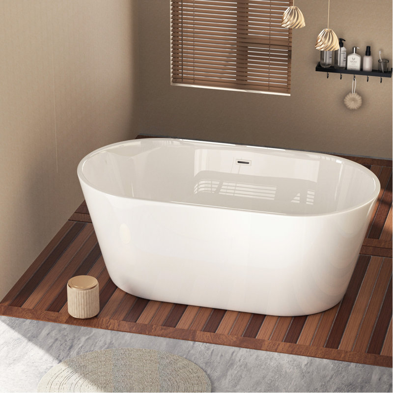 Baignoire autoportante de 55 po en acrylique, baignoire contemporaine avec trop-plein et drain chromés, certifiée Cupc pour l'assurance de la qualité, blanc ultrabrillant 24A02-55