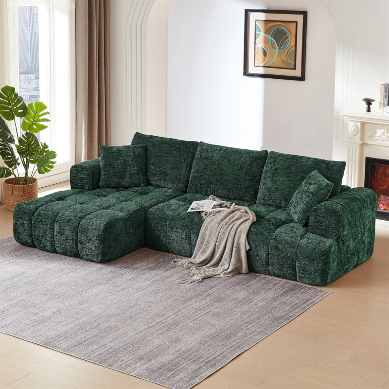 L-Shape  Sectional Oversized Sofa, Dark Green Chenille, Left Hand Facing