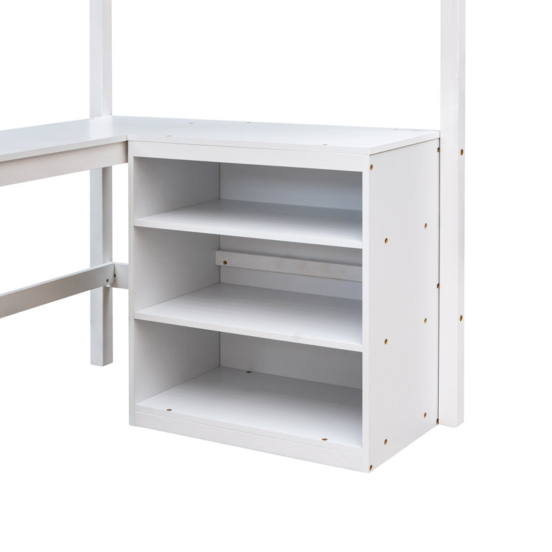 Lit mezzanine simple blanc avec bureau et tablettes. Bois manufacturé. Maximisez le potentiel de votre chambre à coucher. Pas de sommier pratique. Fabriqué à partir de pin pour une efficacité accrue. Base