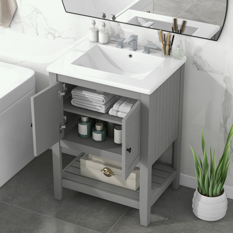 Bathroom Vanity with Ceramic Sink and Open Style Shelf, Gray
