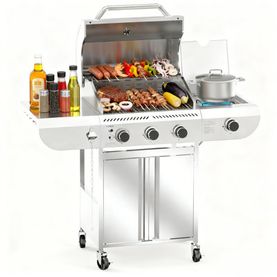 R.W.FLAME 3 - Burner Stainless Steel Gas Grill with 1 Side Burner & Dual Brake Universal Wheels, 34,000 BTU Liquid Propane Gas Grill, Ideal for Outdoor Grilling & Backyard Use