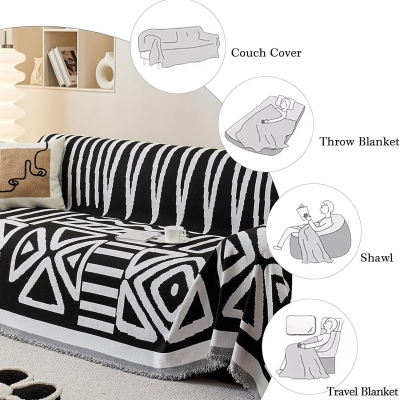 Chenille Box Cushion Sofa Slipcover, Black Geometric