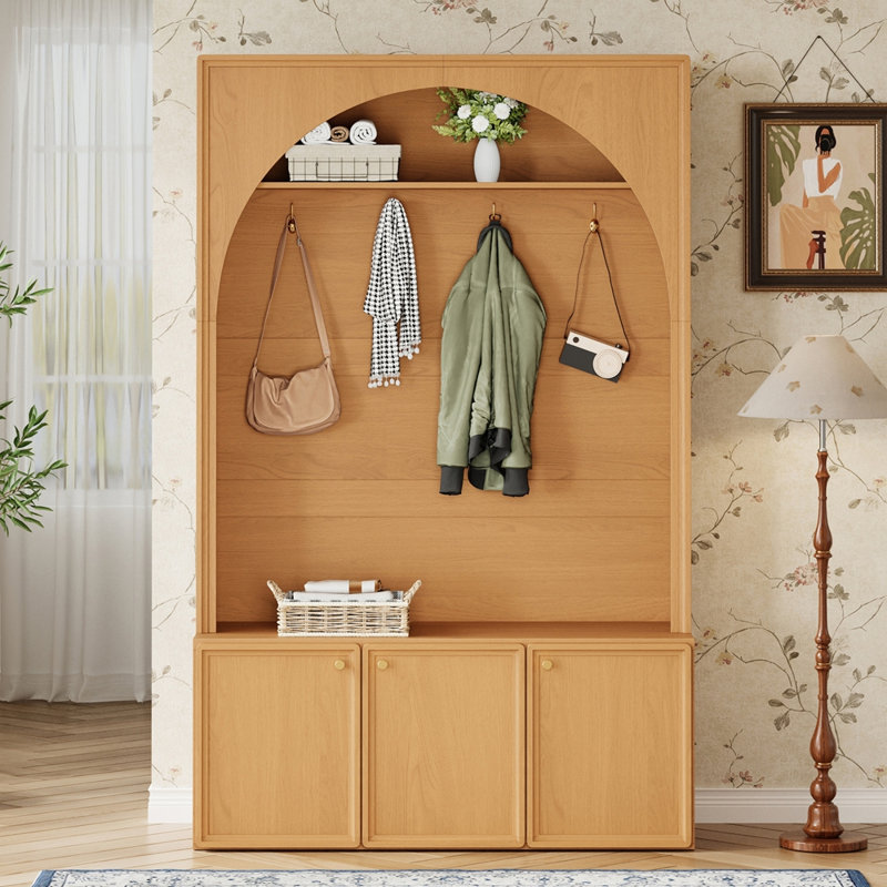 Farmhouse All-in-One Hall Tree with Adjustable Shelves, Natural