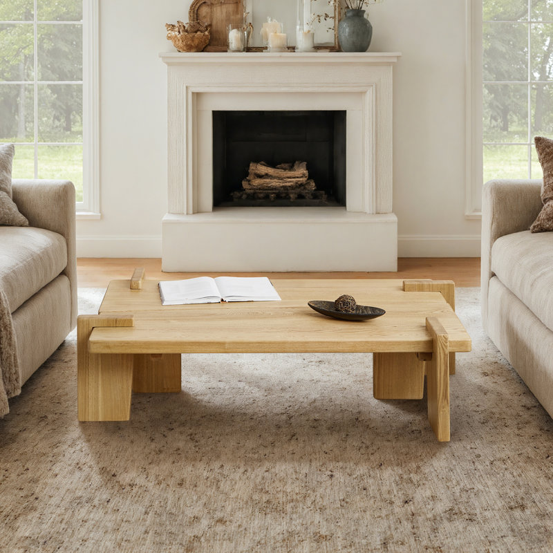 Solid Ash Wood Coffee Table, Minimalist Medieval Style, Natural Wood Grain, Brown