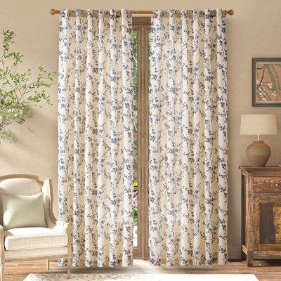 Semi Sheer Linen Blend French Floral Printed Rod Pocket Curtain Pair