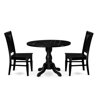 527370C4B4B64DCE874C9E1665412FA9 -Table Set consists of a Round Table and Wooden Dining Chairs with Slatted Back - Wire brushed Black