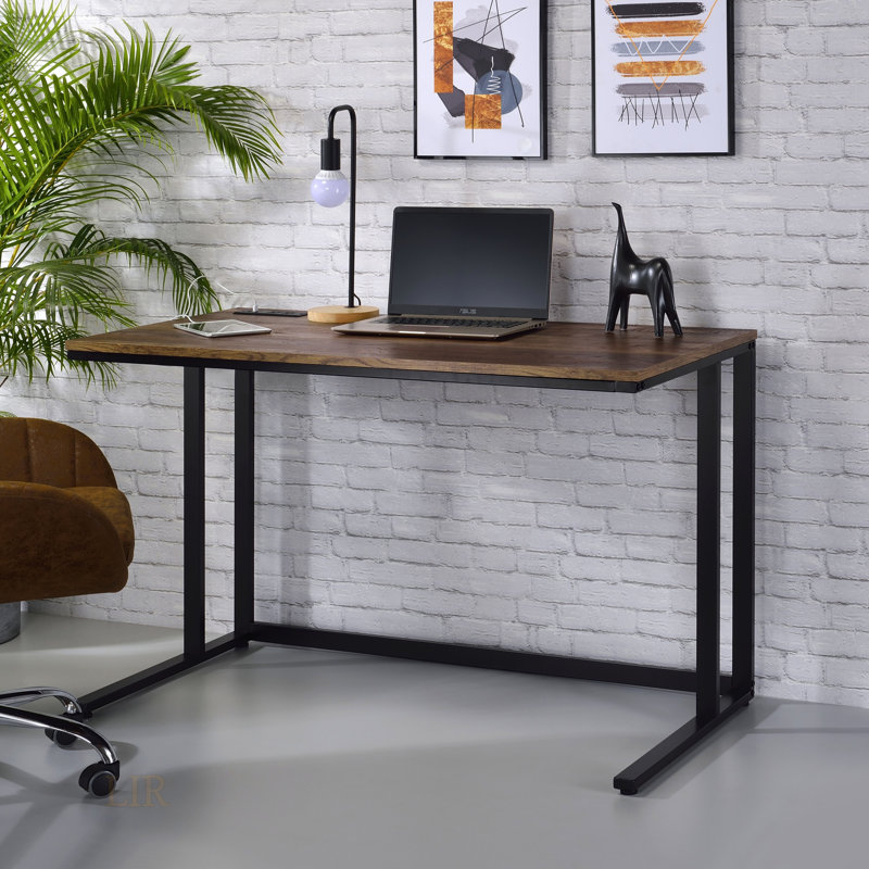 Tyrese Walnut & Black Finish Writing Desk With Built-In USB Port For Modern And Functional Workspaces, Black