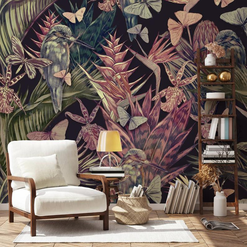 Papier peint amovible papillons et oiseaux tropicaux, L 9 po x l 15 po