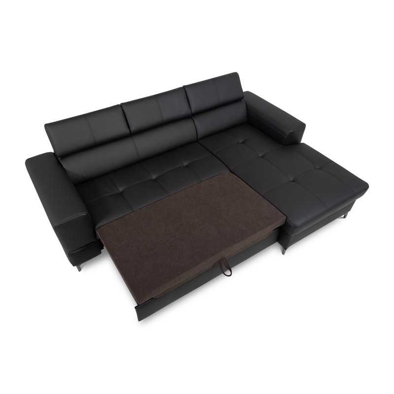 Tinos Genuine Leather Corner Sofa with Pull Out Bed with Storage and Adjustable Headrests, Right Hand Facing, Black