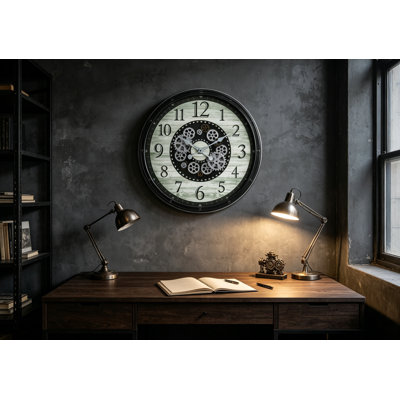 Brown Oversized Round Wall Clock with Moving Gear Mechanism, Transitional Vintage Analog Clock, Non-Ticking Quartz Decorative Wall Clock for Home