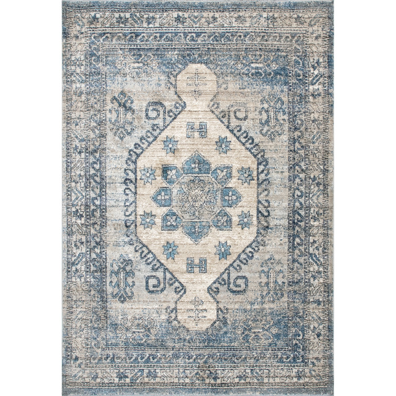 Virginie Oriental Blue/Ivory Area Rug, Rectangle 4' x 6' 3"