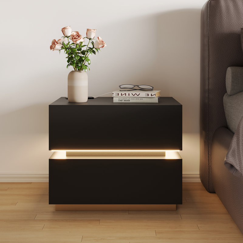 Modern Nightstand With 2 Drawers, LED Lighting & Wireless Charging, Black