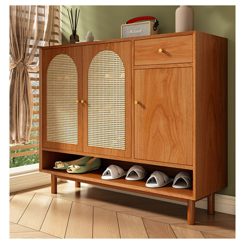 Meuble à chaussures rétro en bois d'ingénierie, ton bois naturel, plateau plat, plusieurs niveaux de rangement pour l'entrée.
