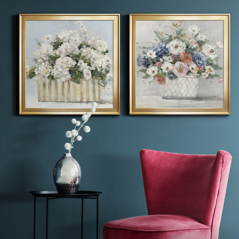 Sweet Hydrangeas - ensemble de 2 reproductions d'art sur toile encadrées, Or, H 17,5 po x l 35 po x P 1,5 po
