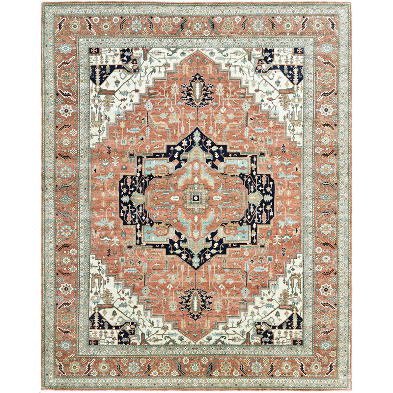 Hand Knotted Wool Area Rug in Red, Rectangle 10' x 14'