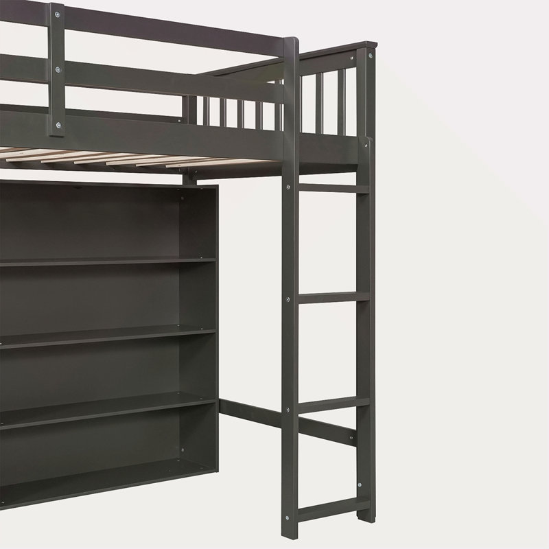 Lit mezzanine avec 8 tablettes de rangement ouvertes et échelle intégrée, Gris, Lit simple