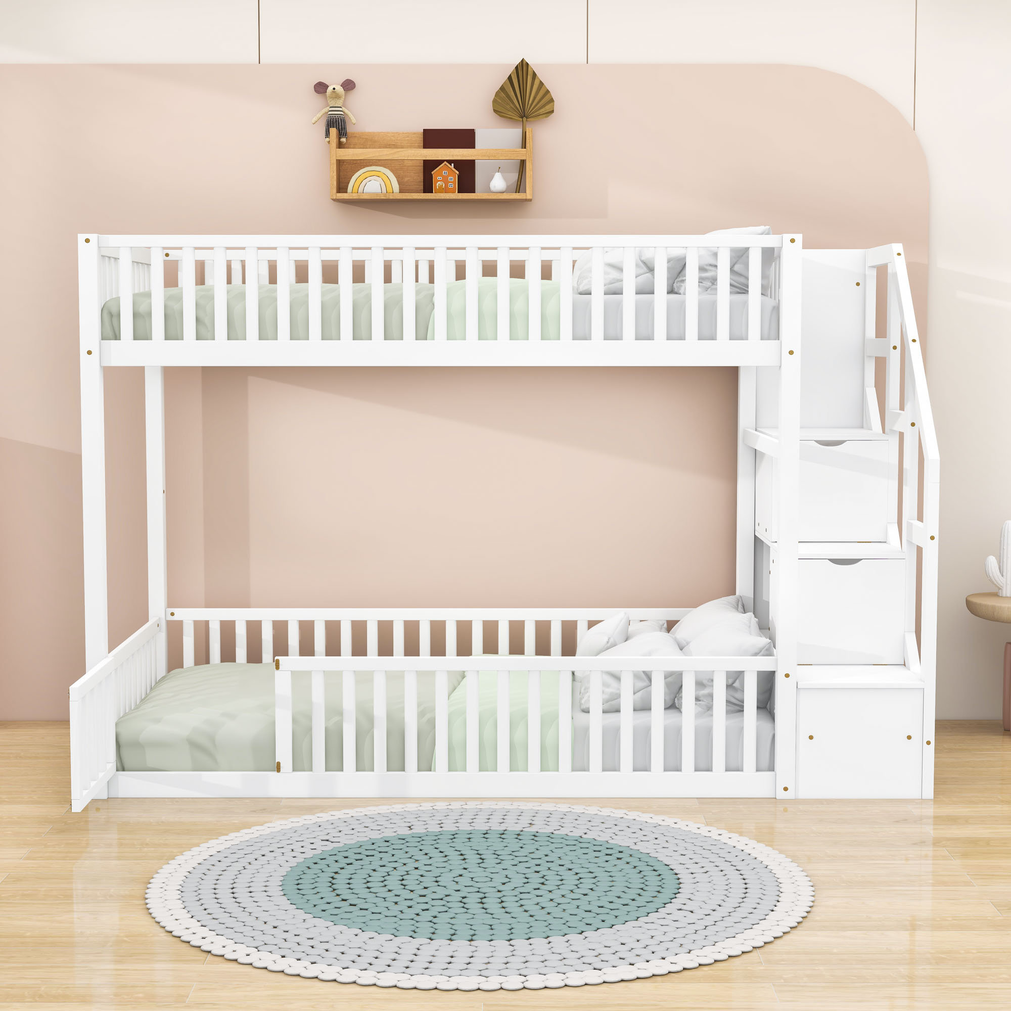 Harriet Bee Twin Over Twin Wooden Bunk Bed With Storage Stairs | Wayfair