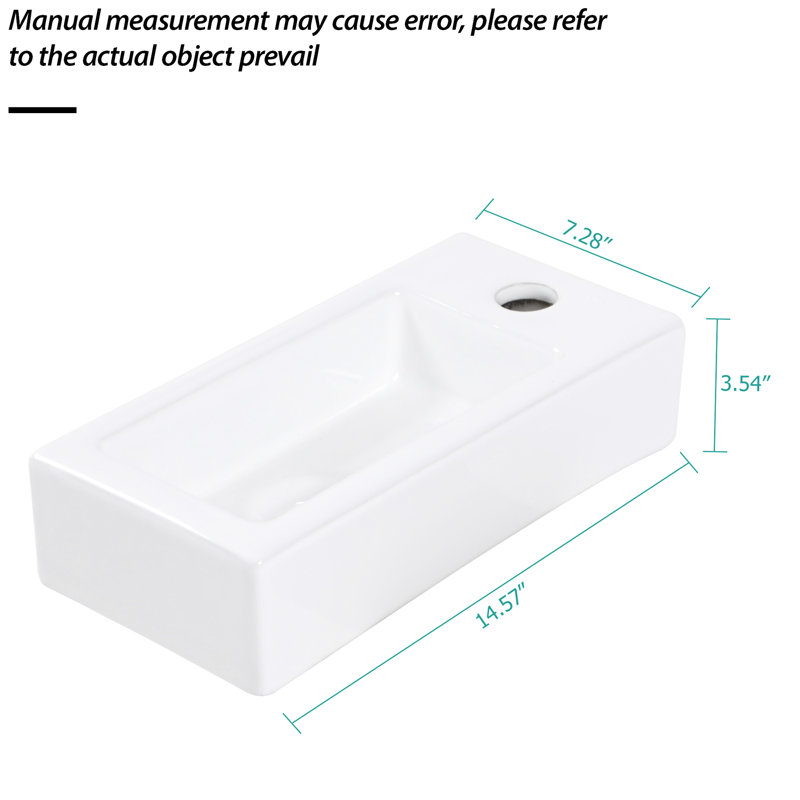 Lavabo de salle de bain rectangulaire blanc en céramique - fixation murale, 14,49 x 7,44 pouces, teinté, trou de robinet disponible