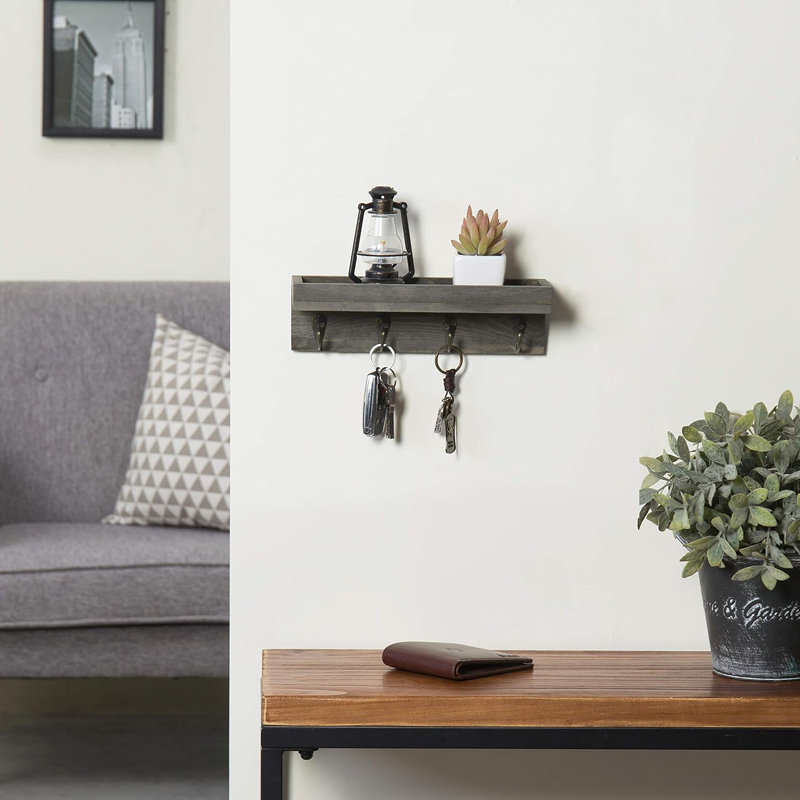 Solid Wood Wall Organizer with Key Hooks, Grey