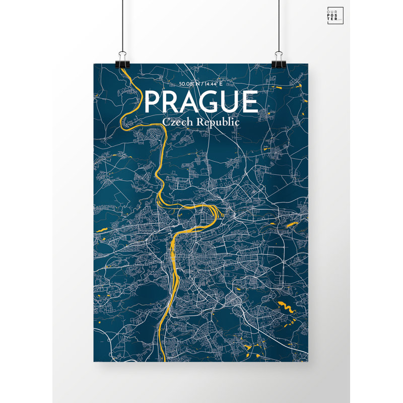 Prague City Map - Unframed Graphic Art Print on Paper, 70cm H x 50cm W x 0.13cm D, Teal