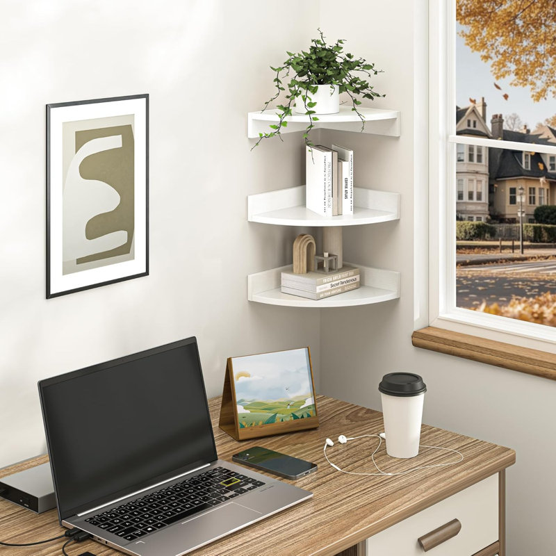 Floating Corner Shelves Wall Mount, Wood Corner Wall Shelf Set For Bedroom Bathroom Kitchen Living Room Office, Rustic Decor With Cable Hole, Sturdy Particle Board Construction, Easy Installation