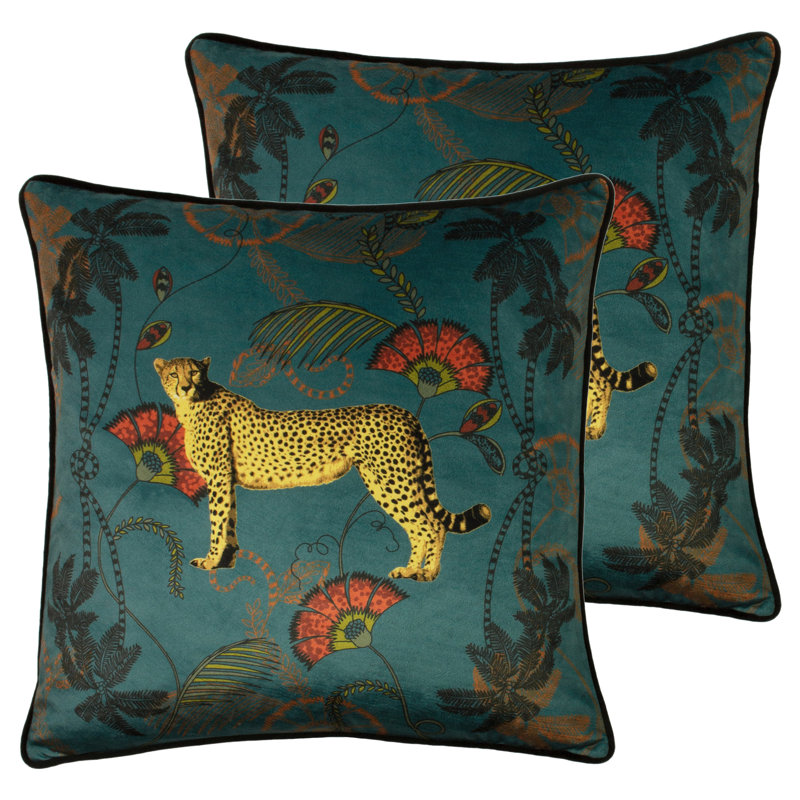 Tropica Cheetah Floral Square Scatter Cushion, Teal, Feathers