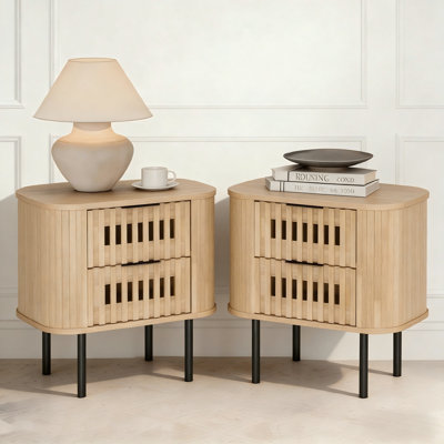Ensemble de 2 tables de chevet cannelées 22,5 po, 2 tiroirs, chêne