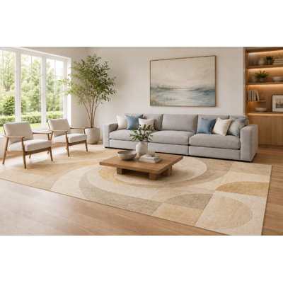 Tapis à cercles superposés de 6 pi 7 po x 9 pi 10 po beige et ivoire «Ultra Léger» pour le salon, tapis doux à poils courts avec envers en silicone antidérapant, décor pour la chambre à coucher, la salle à manger et le bureau personnel