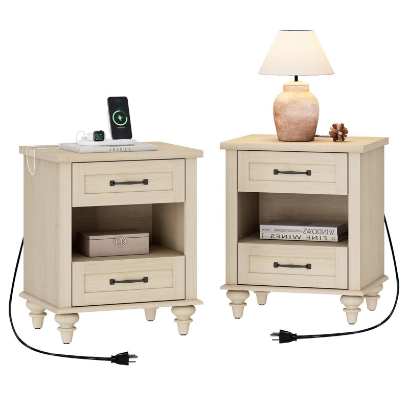 Endymion - Drawer End Table Set and Built-In Outlets, Beige Top/Beige Base