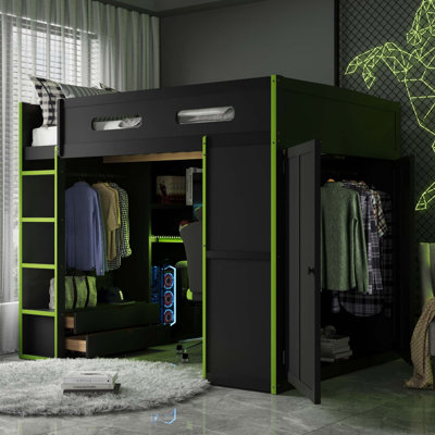 Lit mezzanine double en bois avec bureau, éclairage RVB, port USB