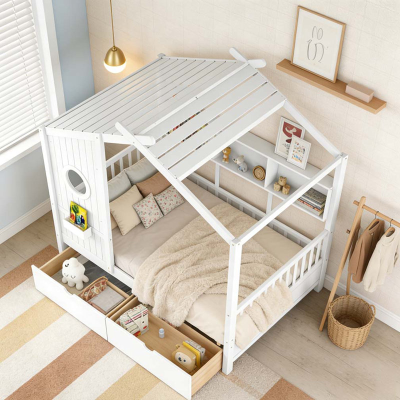 Lit en bois avec 2 tiroirs, Lit simple, Blanc