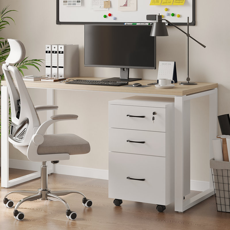 Classeur mobile verrouillable à 3 tiroirs - Armoire de rangement pour articles personnels et de bureau, Blanc
