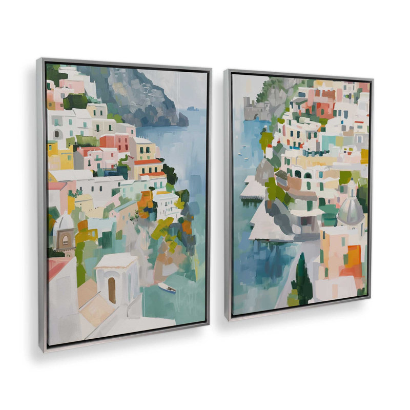 Ensemble de 2 impressions Costal Village Glow v2, 48 po x 32 po, Cadre flottant en chrome poli