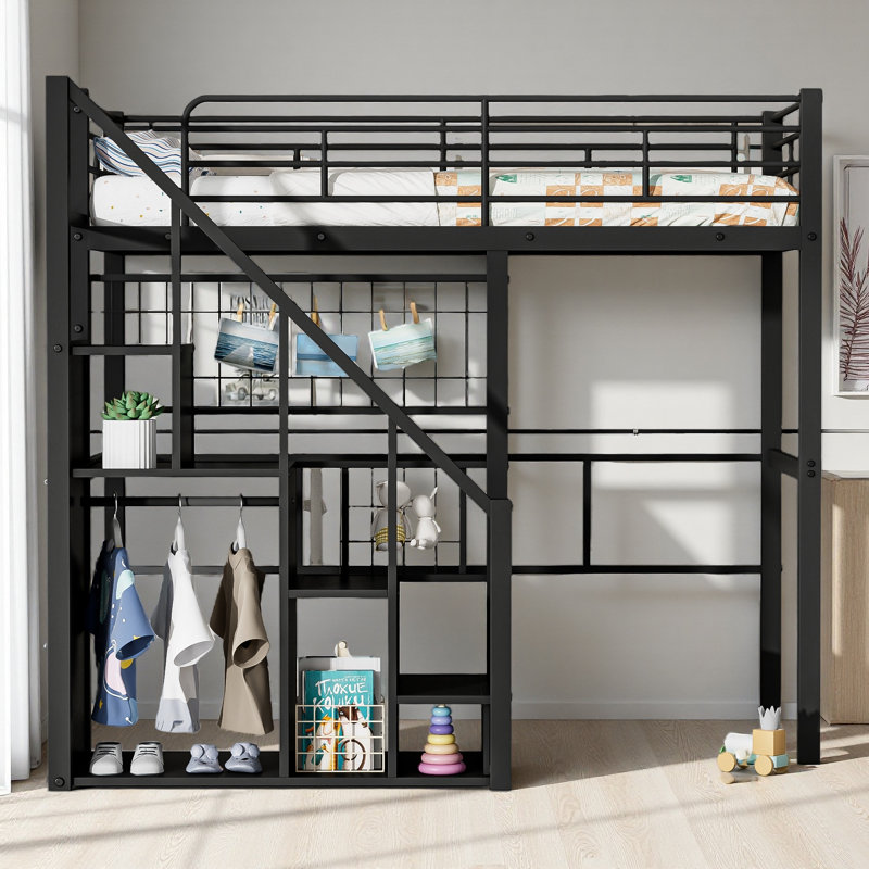 Lit mezzanine simple en métal avec escalier de rangement et petite armoire, Noir
