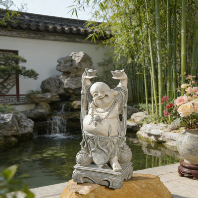 Jolly Hotei Laughing Buddha Statue - 26 Inch Cast Stone Resin Garden Sculpture For Indoor And Outdoor Zen Decor