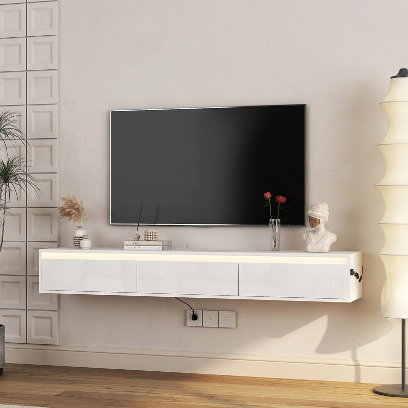Meuble télé flottant, meuble télé mural avec lumières DEL et prise de courant, meuble télé ultrabrillant pour meuble télé pour salon