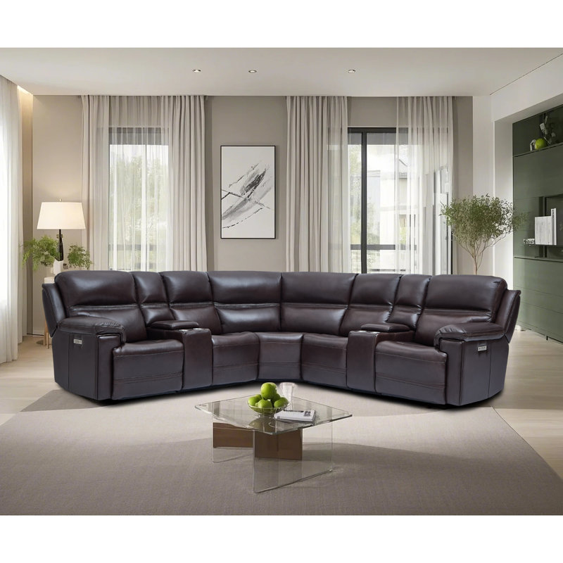 121" Leather Reclining Wide Seat Sectional, 3 Power Recliners, Adjustable Headrest, Zero Gravity & 2 Consoles
