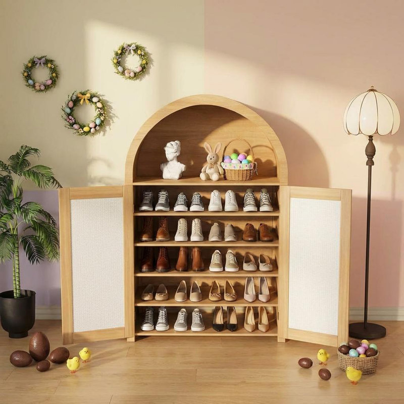 47.8" Arched Shoe Cabinet with Doors & Shelves, 5-Tier Rattan Shoes Rack Organizer Cabinet with Adjustable Shelves for Entryway, Hallway, Closet, Living Room