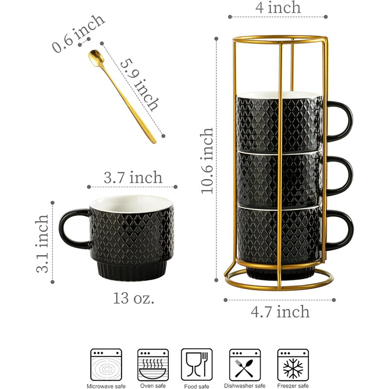 QXXSJ Coffee Mug Set With Stand And Spoons, 13 Oz Demitasse Cups Set  Stackable Espresso Coffee Mugs Cappuccino Cup Set Of 4 For Coffee, Latte,  Macchiato, Cafe, Tea, Black | Wayfair