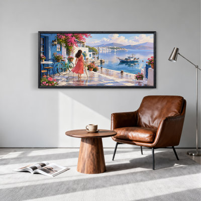 Colorful Coastal Village With Woman And Bicycle Canvas Wall Art