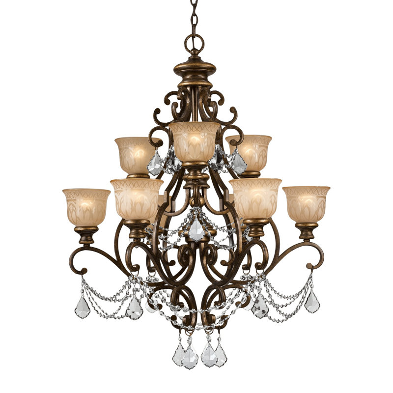 Tusten 9 - Light Shaded Classic / Traditional Chandelier with Crystal Accents, Majestic Wood Hand Polished
