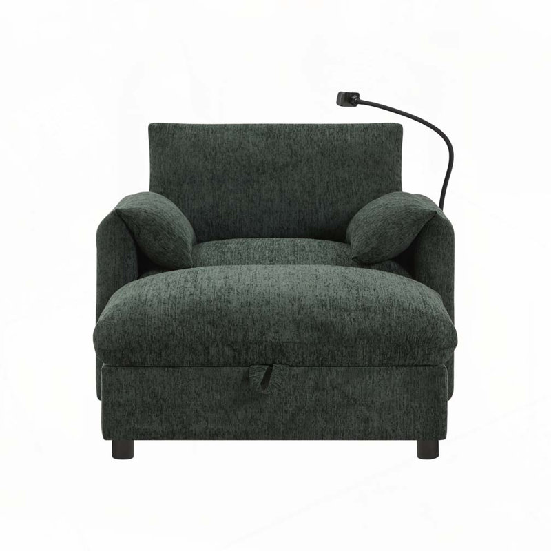 Fauteuil d'appoint en tissu chenille avec repose-pieds de rangement, support de téléphone réglable, chargeur USB, poches de rangement latérales