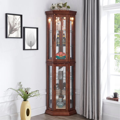 Gorgeous Corner Curio Cabinet With Adjustable Shelves And Mirrored Back, Ideal For Displaying Treasured Items And Adding Elegance To Any Space.