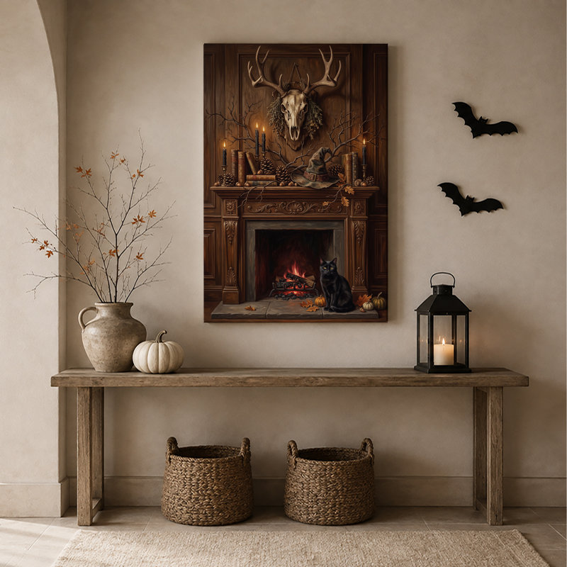 Art mural sur toile, "Chat noir assis par la cheminée", H 24 po x l 18 po