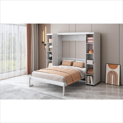 Classic White Modern Queen Murphy Wall Bed, Space-Saving Design With Side Storage Doors, MDF + LVL Construction